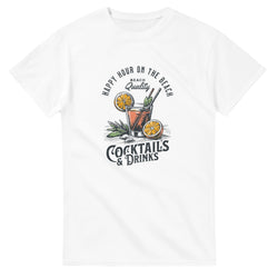 White women's cotton-blend tee with Happy Hour on the Beach cocktail graphic, orange slices and Cocktails & Drinks