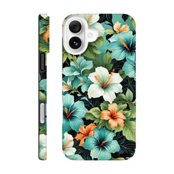 Tropical hibiscus phone case featuring white, teal, and orange flowers on a dark leafy background with protective side buttons.
