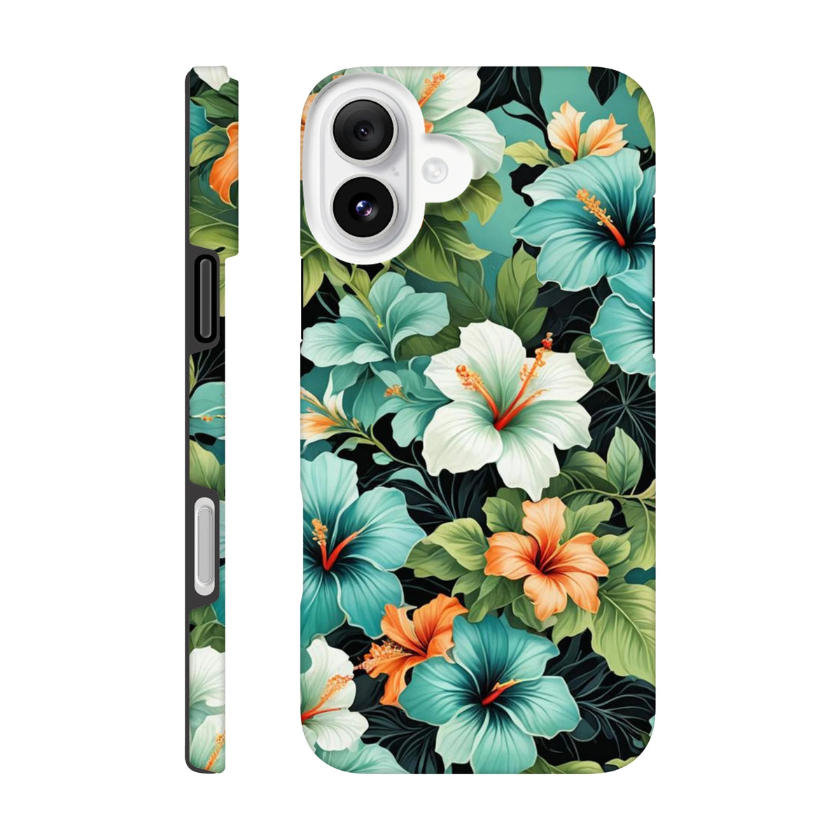 Tropical hibiscus phone case featuring white, teal, and orange flowers on a dark leafy background with protective side buttons.