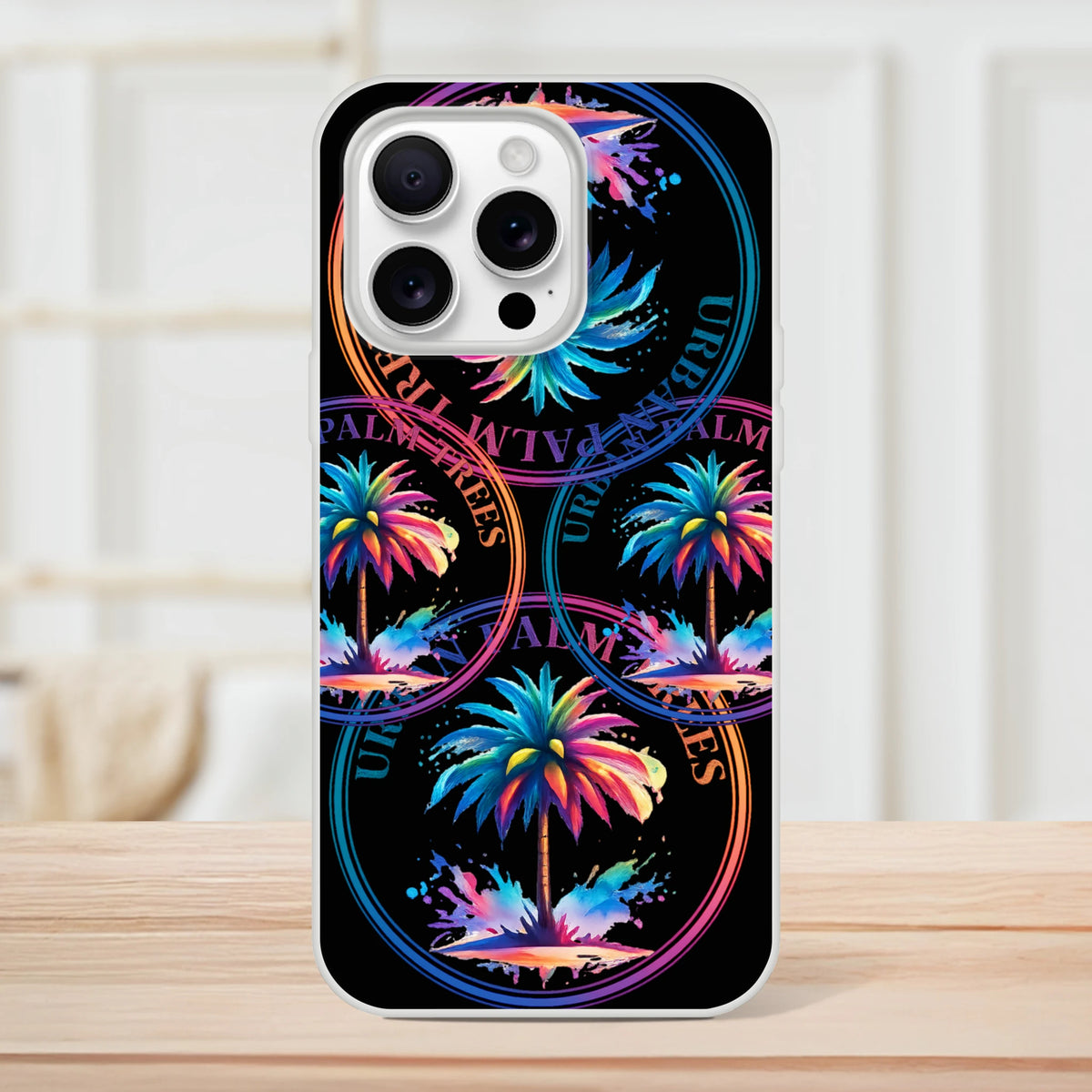 Urban Palm Trees iPhone Case (13-16): retro aesthetic palm-tree design with a matte finish.