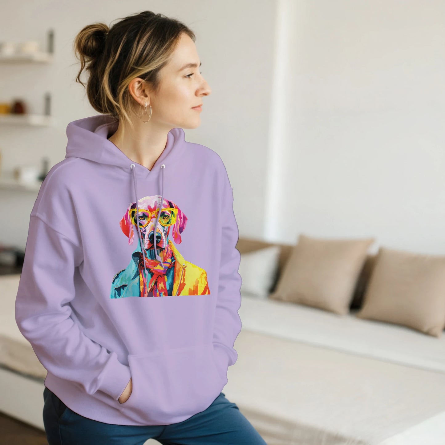 Lavender 50/50 cotton-poly Gent Dog Jumper women's hoodie with front pouch and colorful dog wearing glasses graphic
