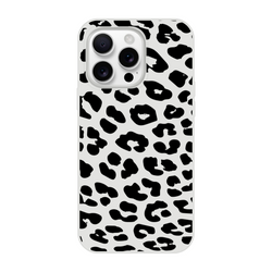 Retro Snow Leopard iPhone Case with bold black spots on light gray for iPhone 13–16, animal aesthetic.