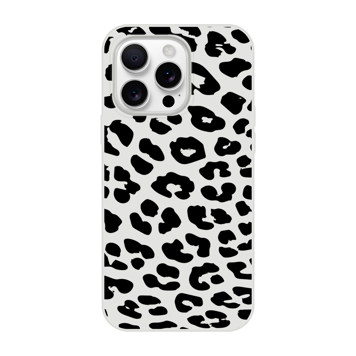 Retro Snow Leopard iPhone Case with bold black spots on light gray for iPhone 13–16, animal aesthetic.