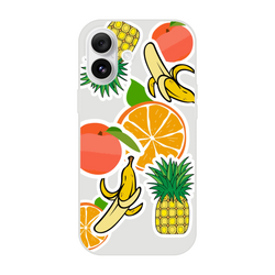 Clear iPhone case with tropical fruit sticker graphics including orange, banana, and pineapple for a vibrant streetwear look.