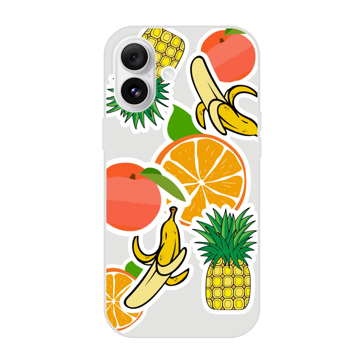 Clear iPhone case with tropical fruit sticker graphics including orange, banana, and pineapple for a vibrant streetwear look.