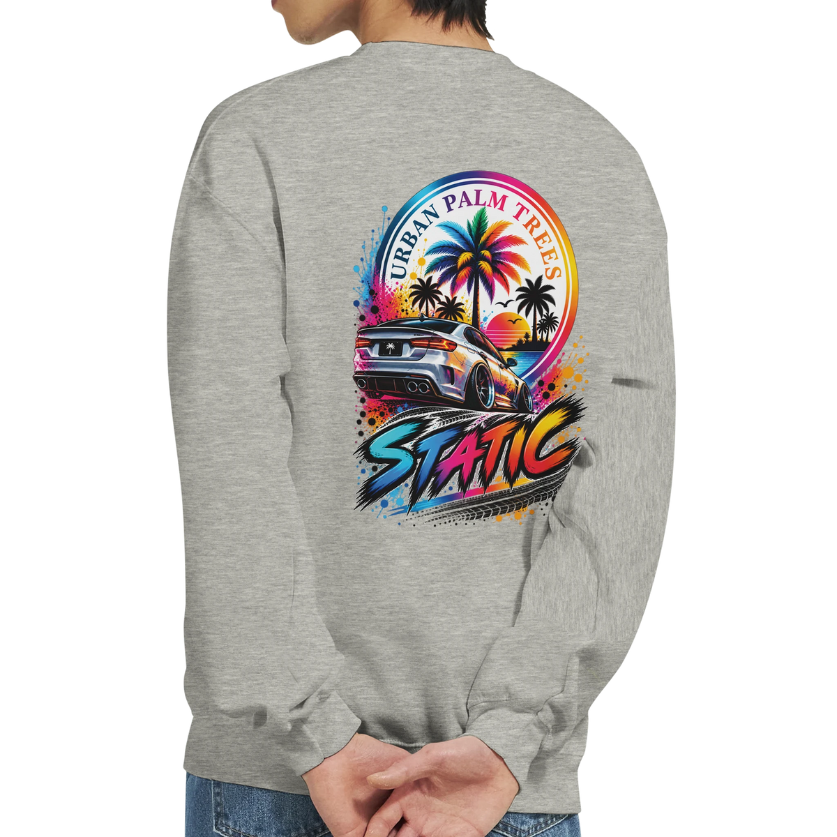 Gray crewneck sweatshirt featuring a colorful back graphic of a slammed car, urban palm trees, and "Static" lettering for modified car culture.