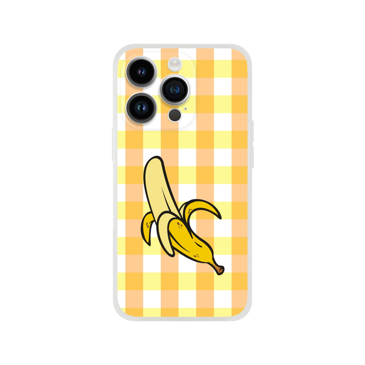 Cute Banana Gingham iPhone case in yellow plaid with banana graphic, protective streetwear shell for iPhone 13–16