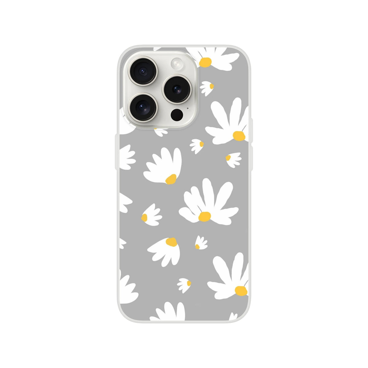 Ditsy Daisy iPhone Case for 13-16 featuring gray background with white daisies and yellow centers