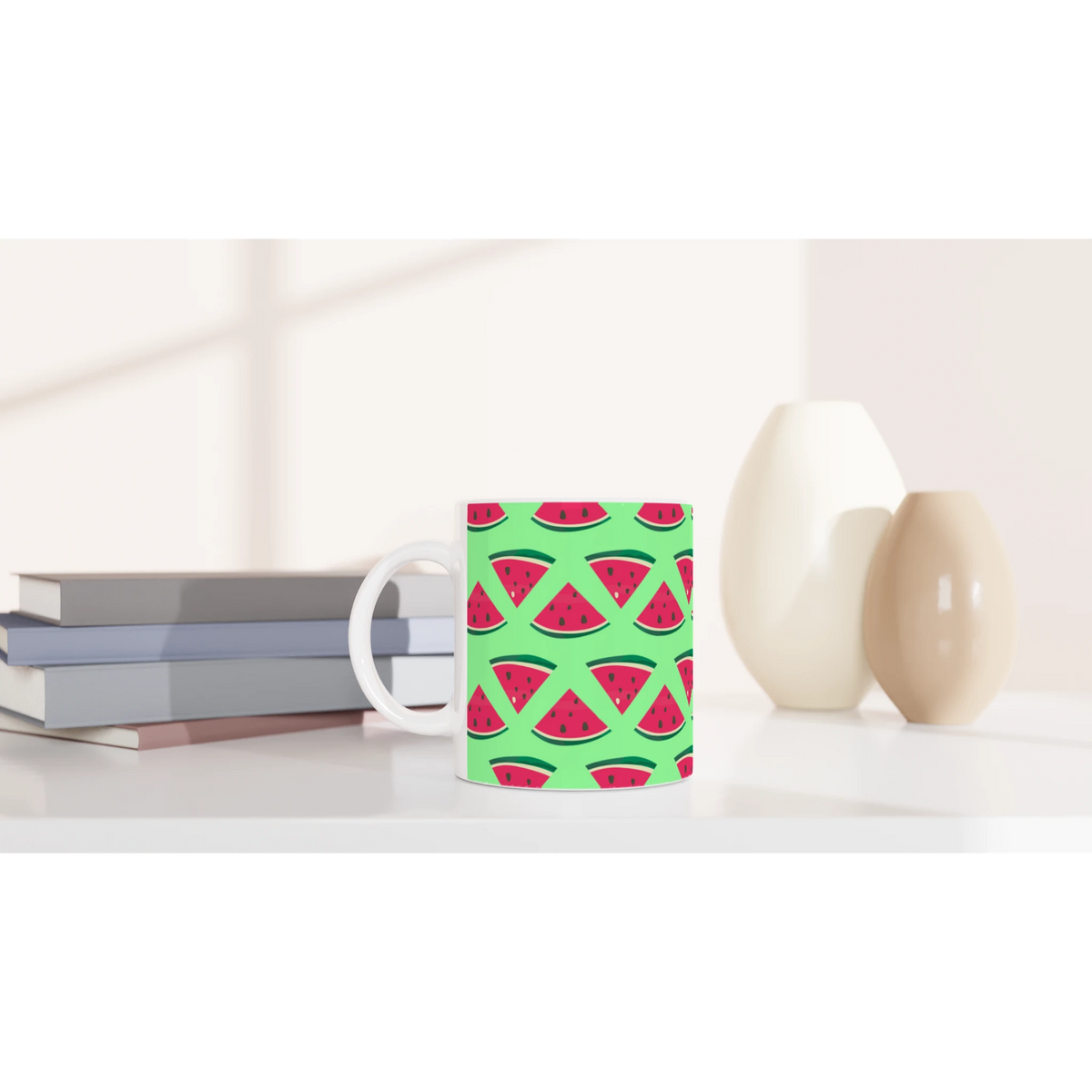 Ceramic coffee mug featuring a cute green summer watermelon slice pattern, perfect for desk or dorm use.
