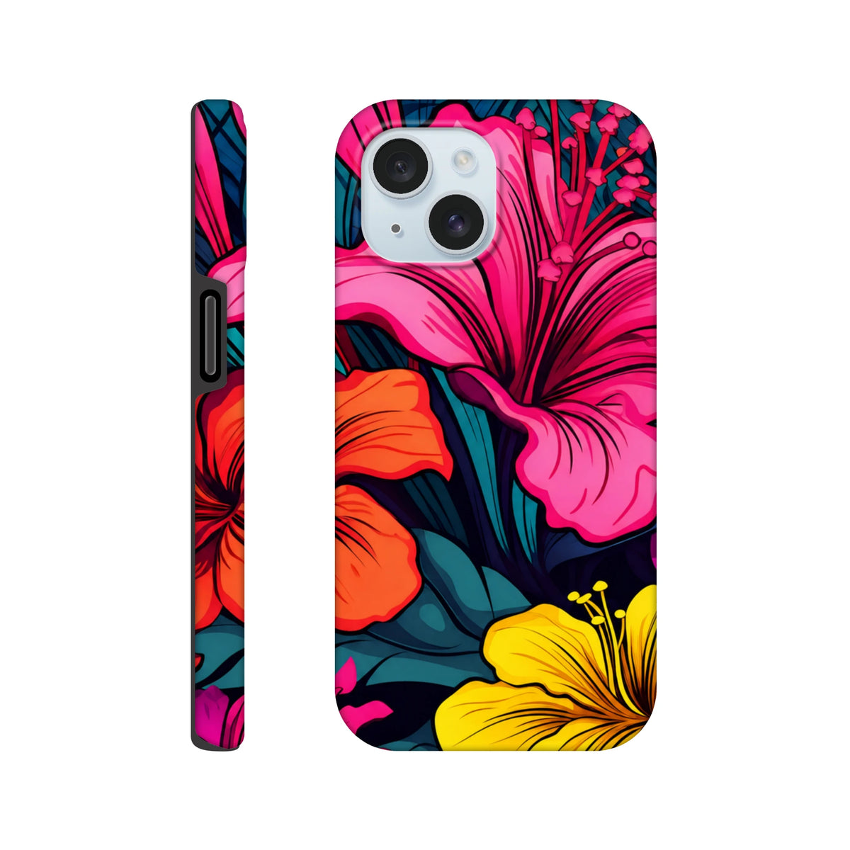 Vibrant tropical hibiscus iPhone case featuring bold pink, orange, and yellow flowers with dark teal leaves in a wrap-around design.