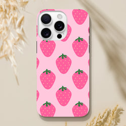 Pink strawberry pattern phone case with cute fruit design for iPhone 13-16. High-gloss durable protection featuring vibrant graphics.