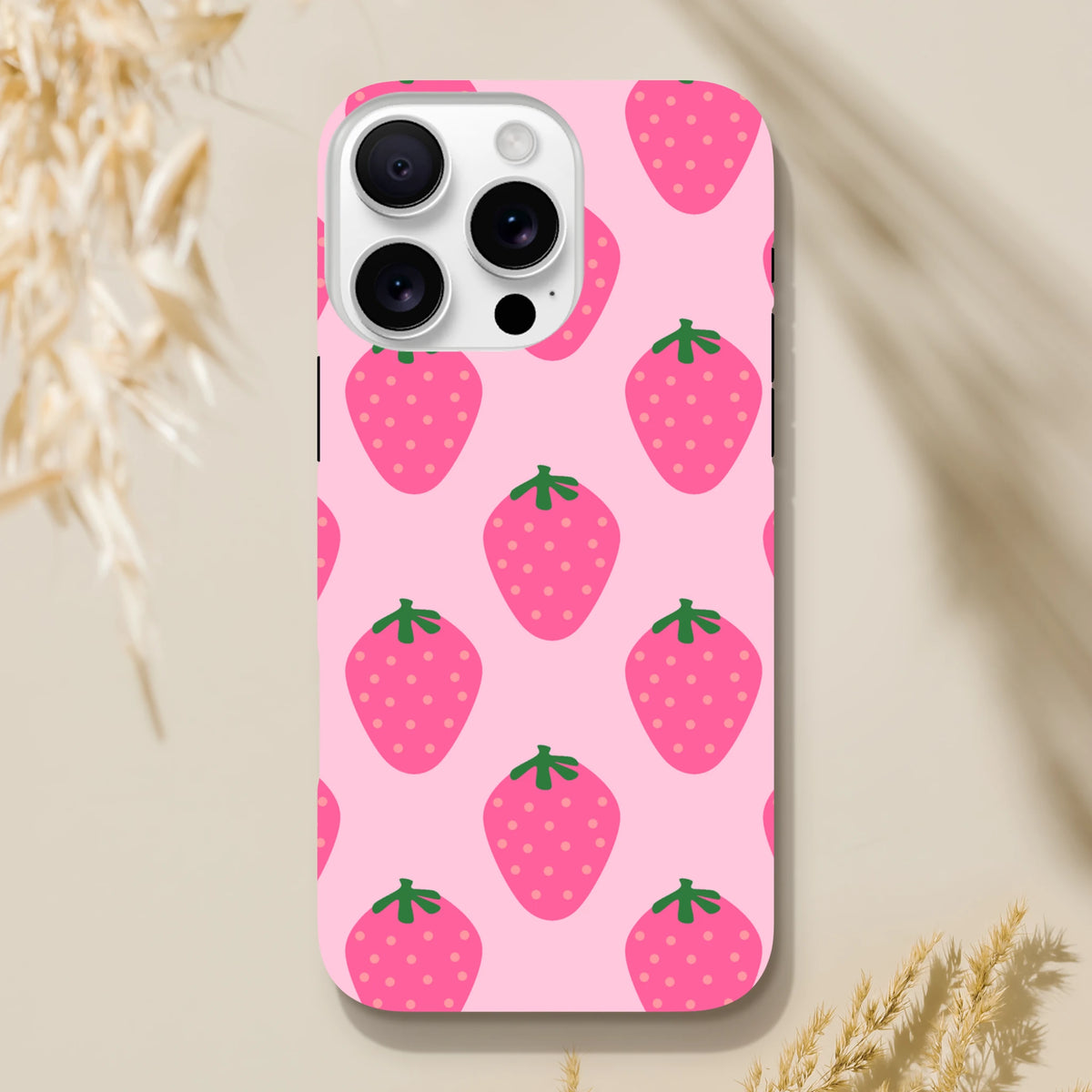Pink strawberry pattern phone case with cute fruit design for iPhone 13-16. High-gloss durable protection featuring vibrant graphics.