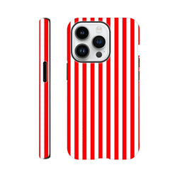 Retro red and white vertical stripe tough iPhone case offering rugged protection with a bold wraparound design for daily carry.