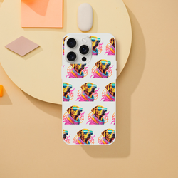 Slim protective iPhone case for models 13-16 with a repeating colorful dog wearing sunglasses pattern.
