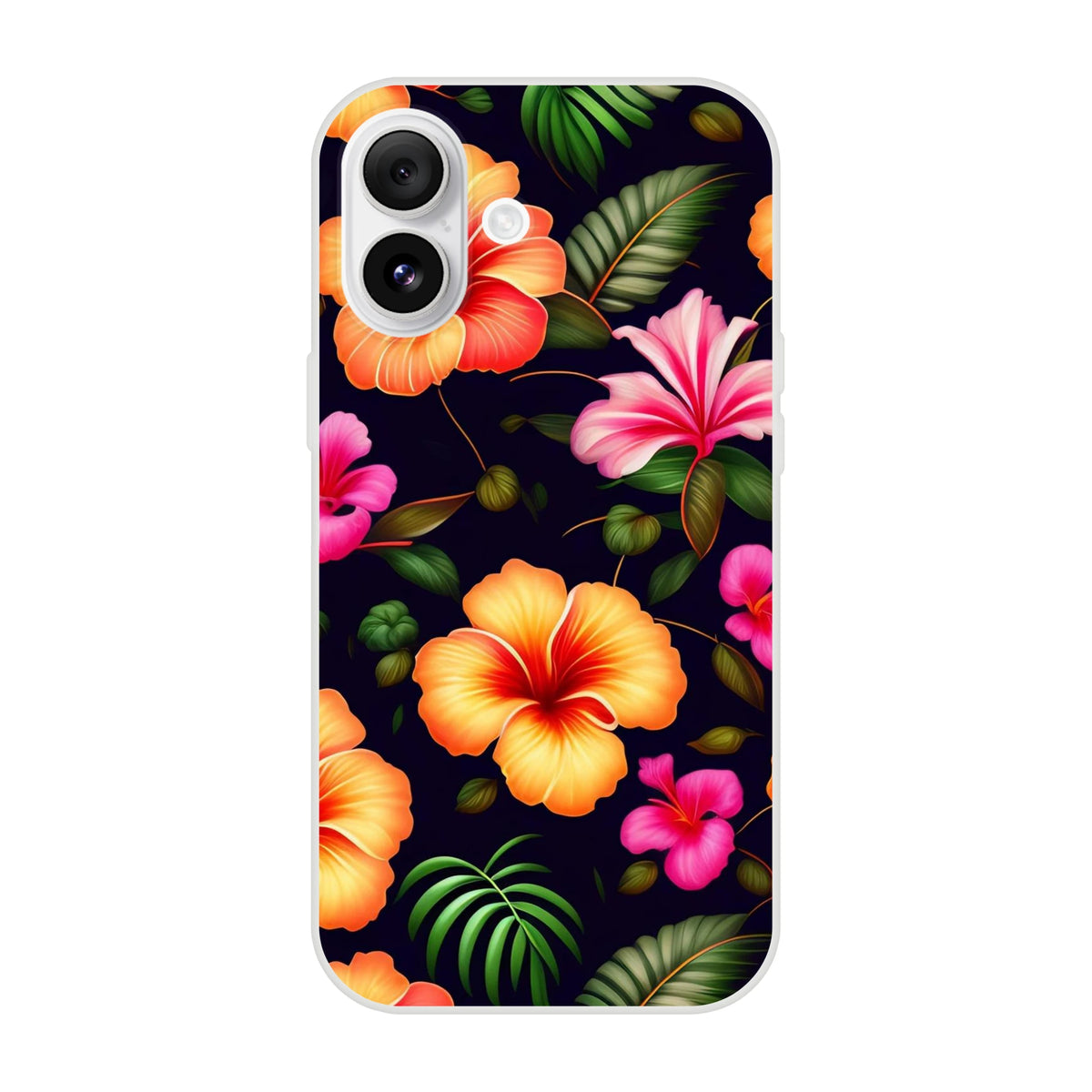 Tropical Hibiscus floral iPhone case for 13–16 with vibrant orange and pink blossoms and green leaves on a background