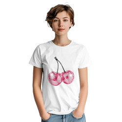 White women's cotton graphic tee with glitter pink cherry print on front.