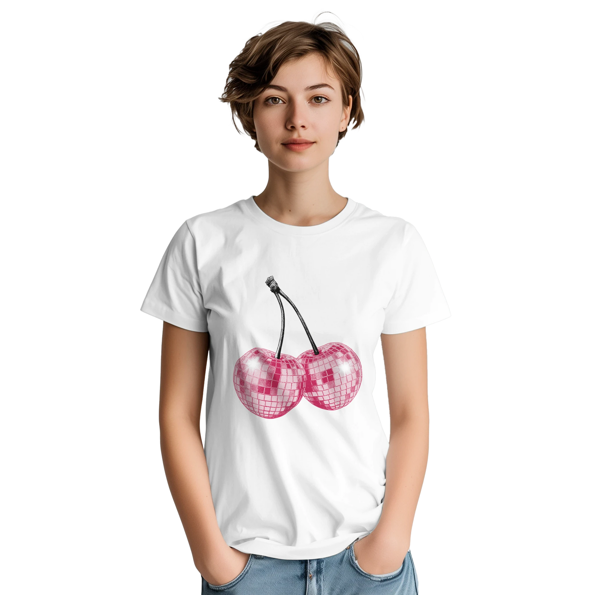 White women's cotton graphic tee with glitter pink cherry print on front.