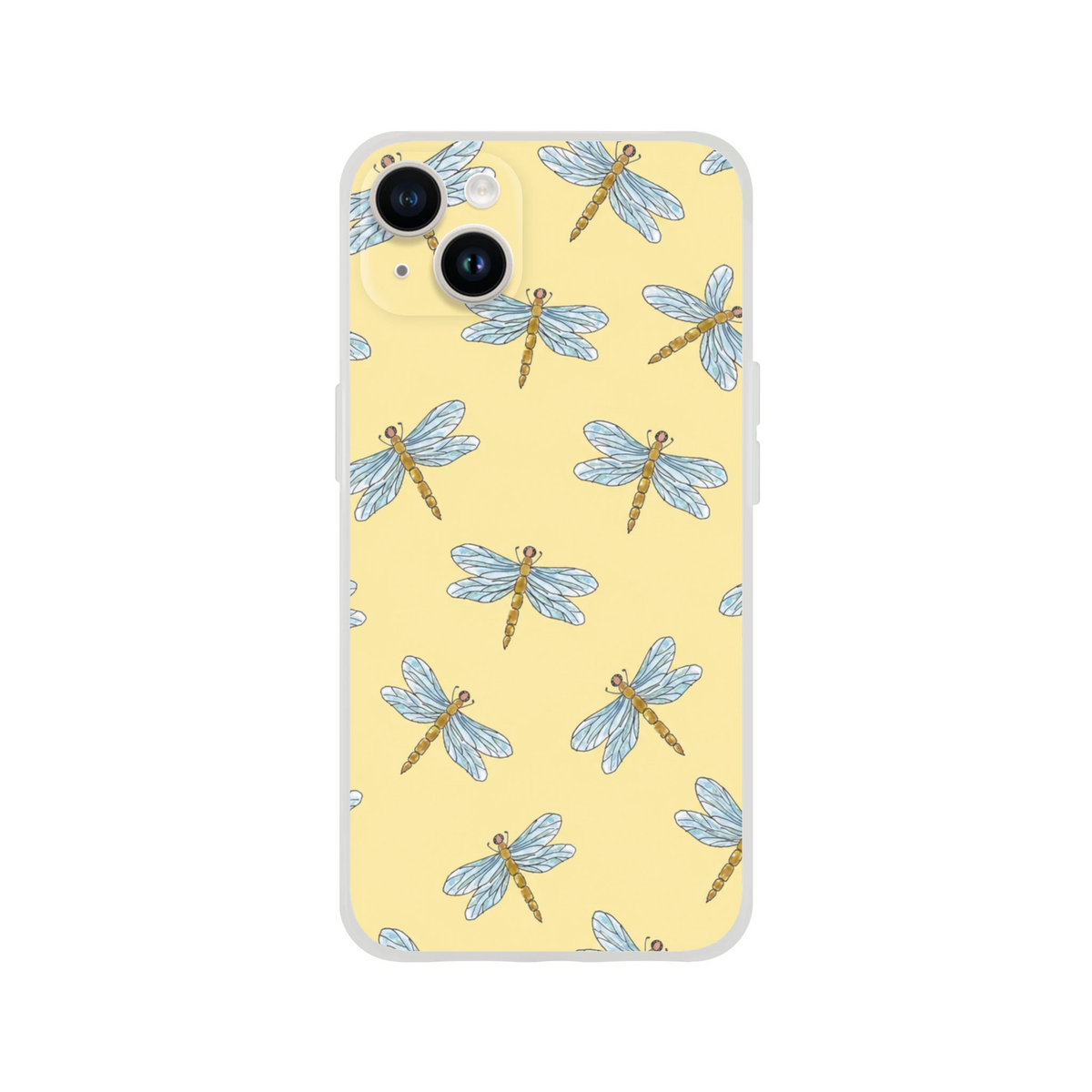 Yellow iPhone case with blue dragonfly pattern for iPhone 13-16.