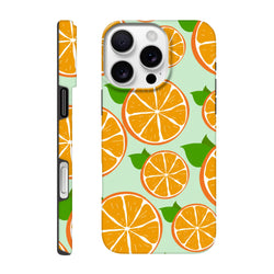 Cute orange fruit iPhone case with citrus slices and green leaves on a mint background. Tough drop-proof cover for streetwear style.