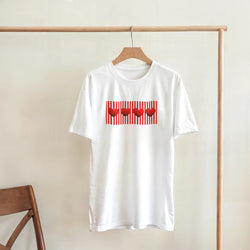 White T-shirt on a wooden hanger featuring a bold red heart graphic with vertical red stripes.