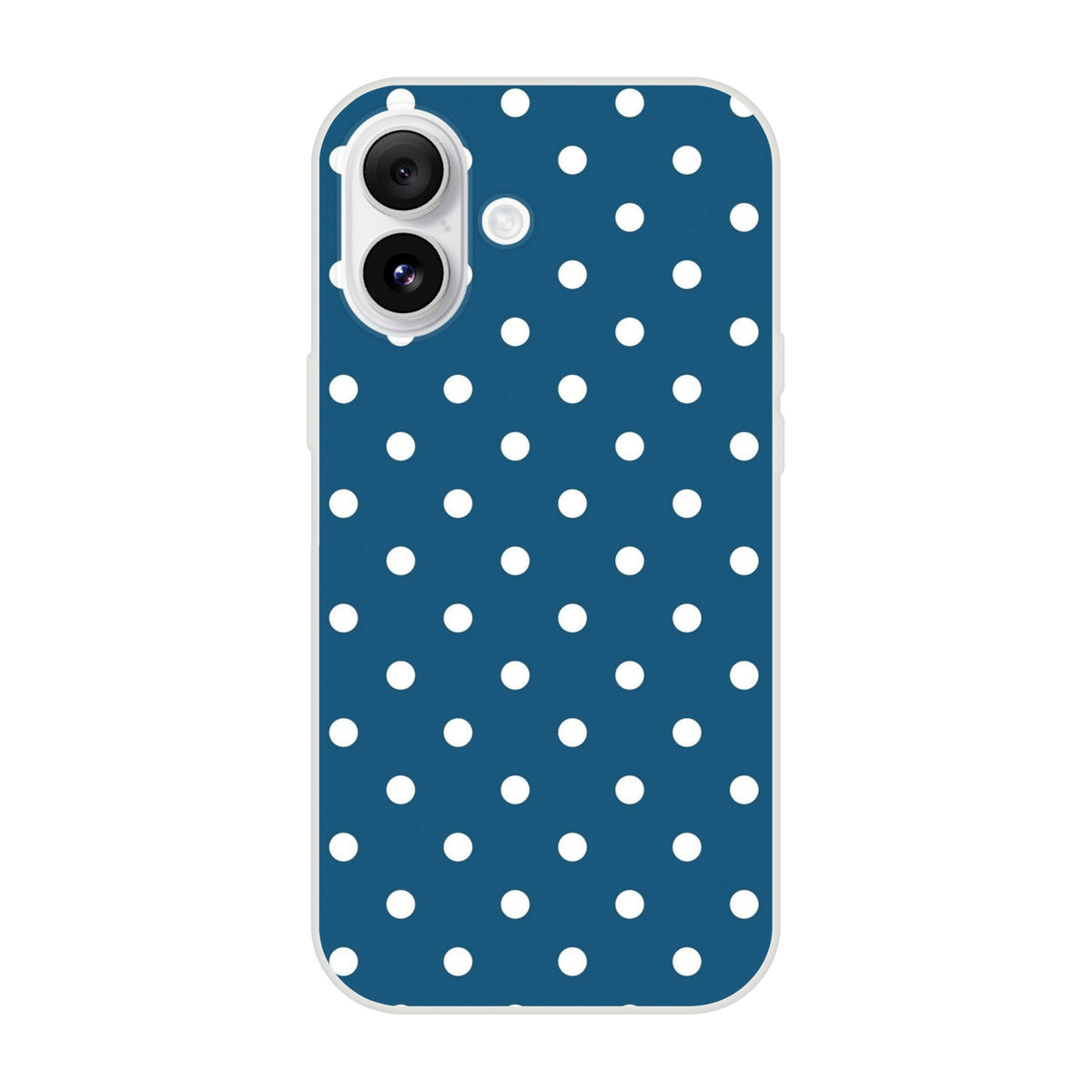Retro navy blue iPhone case with white polka dots, featuring a matte finish and protective TPU design for everyday use.