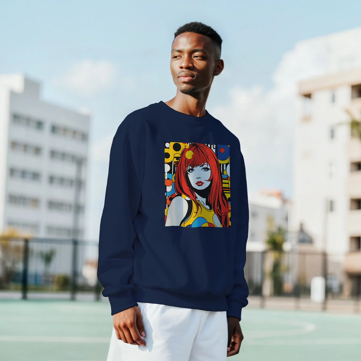Navy blue men's sweatshirt featuring a retro red head pop art woman graphic print in a vintage comic style.