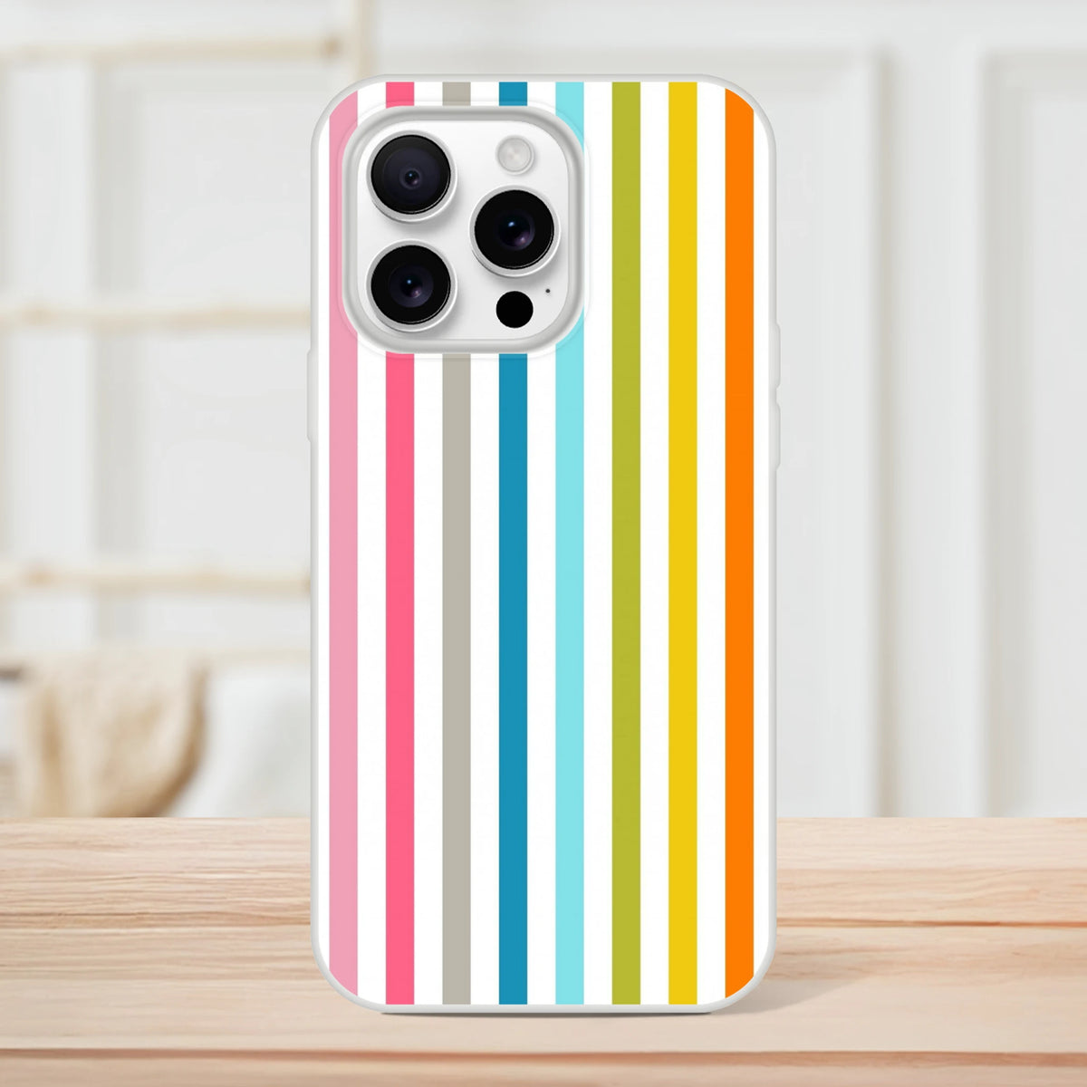 Pastel Rainbow Stripe iPhone Case (13-16), colourful retro phone cover with frosted transparent shell and rainbow print