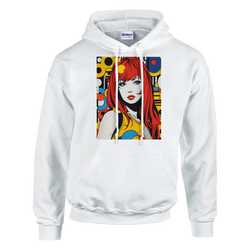 White pullover hoodie featuring a bold retro pop art graphic of a red-haired woman surrounded by colorful geometric shapes.