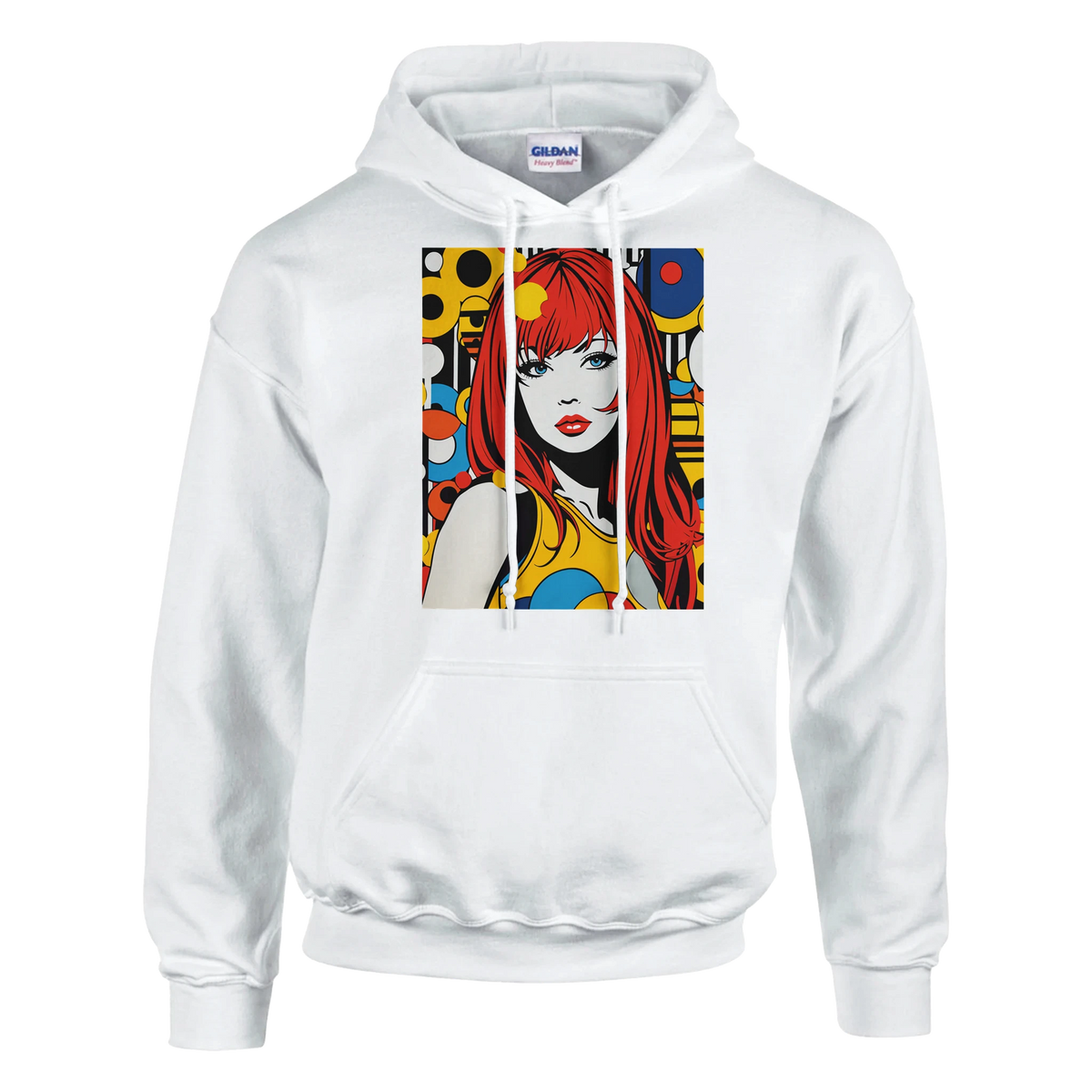 White pullover hoodie featuring a bold retro pop art graphic of a red-haired woman surrounded by colorful geometric shapes.