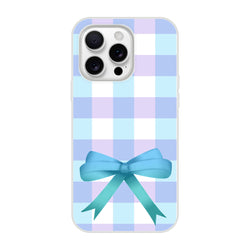 Blue gingham bow iPhone case (iPhone 13-16) with pastel checker pattern and ribbon bow