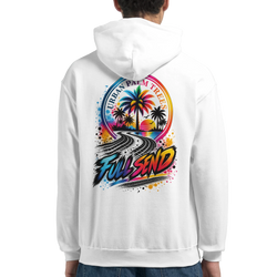 White Full Send men's hoodie featuring a colorful back graphic with palm trees, a sunset, tire tracks, and "Urban Palm Trees" text.