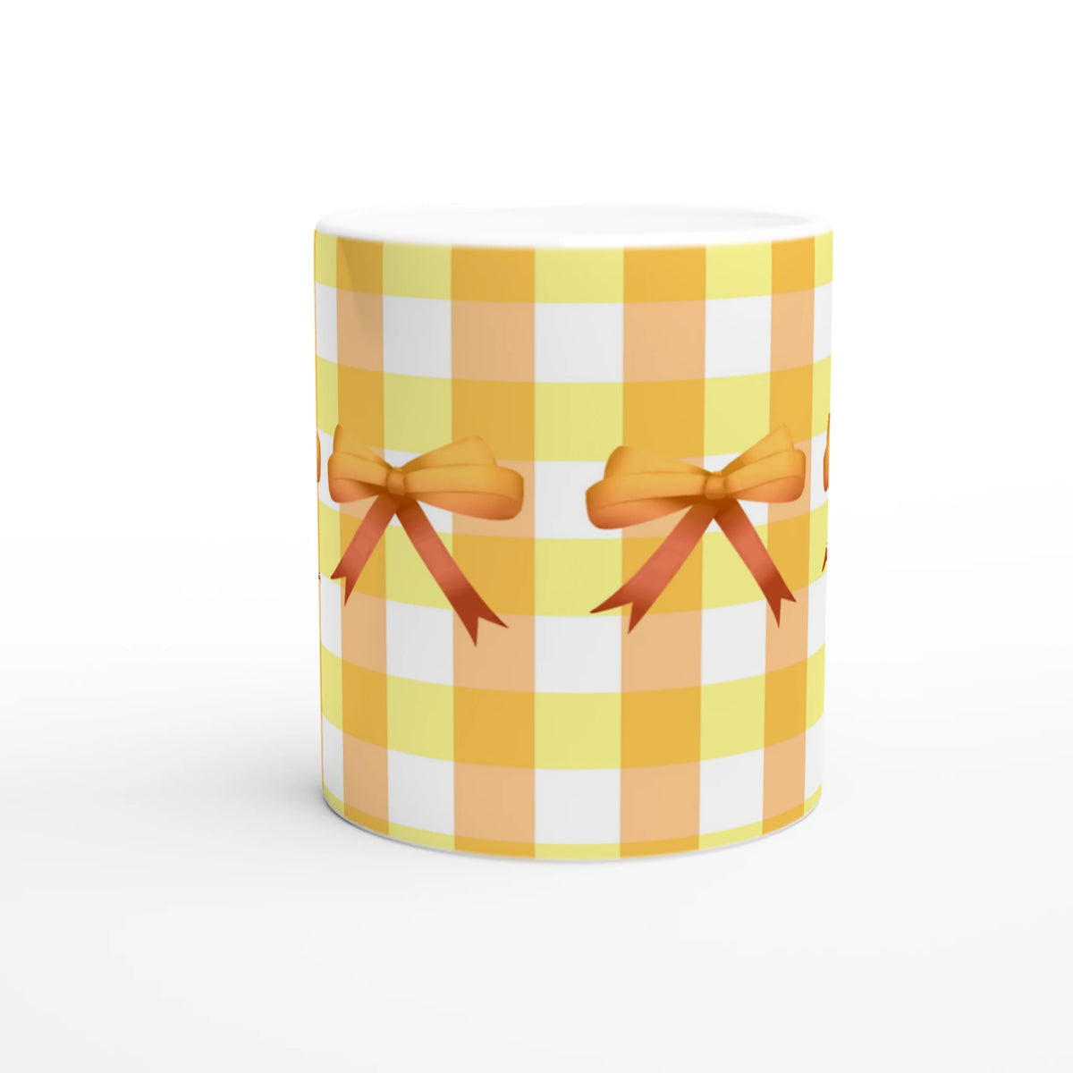 Yellow Gingham Bow Mug with orange ribbons, a cute coquette coffee cup for daily coffee or tea.