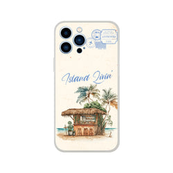 Vintage postcard–style iPhone 13–16 case with island scene, palm trees and a thatched hut.