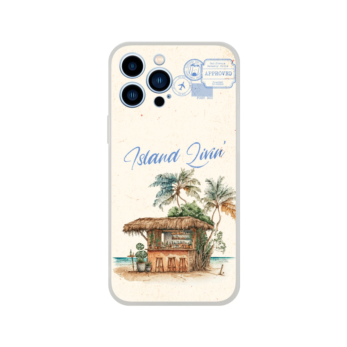 Vintage postcard–style iPhone 13–16 case with island scene, palm trees and a thatched hut.