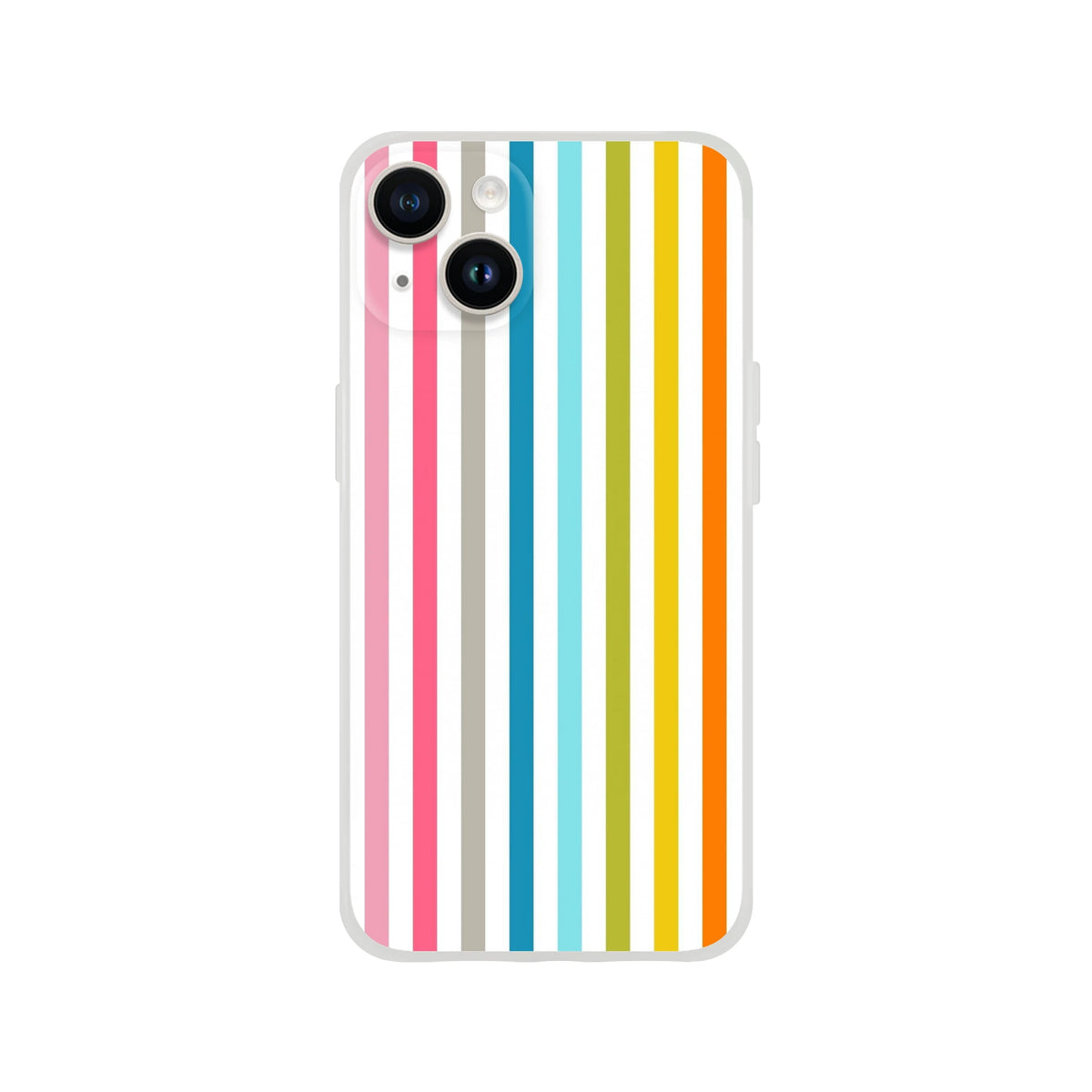 Pastel Rainbow Stripe iPhone Case (13-16) Colourful Retro Phone Cover with frosted transparent shell and rainbow print.