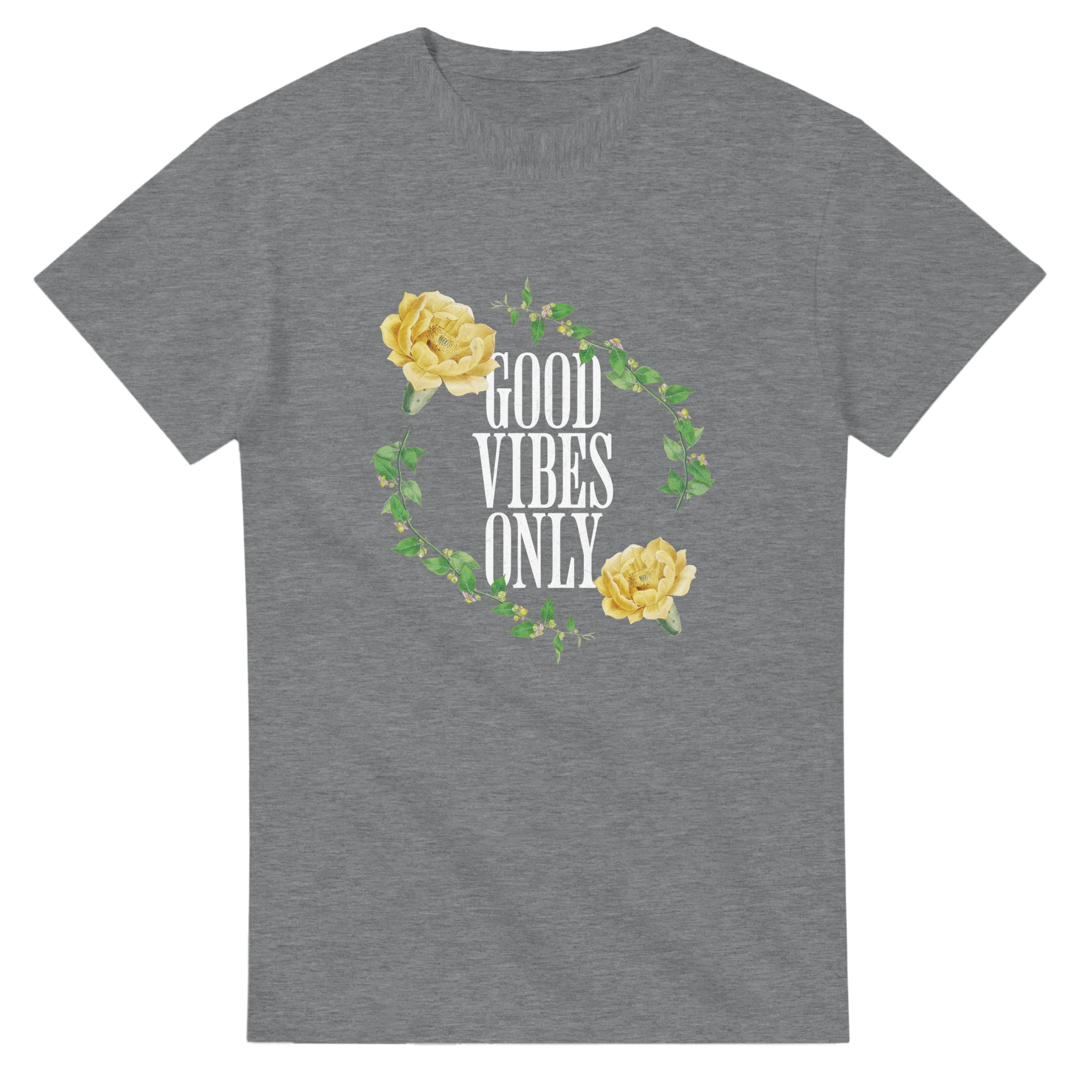 Good Vibes Only slogan tee for men with floral vine and yellow roses on heather gray cotton blend.