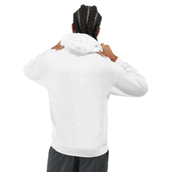 Back view of a man with braids wearing a white retro blonde pop art woman hoodie, bold graphic streetwear pullover.