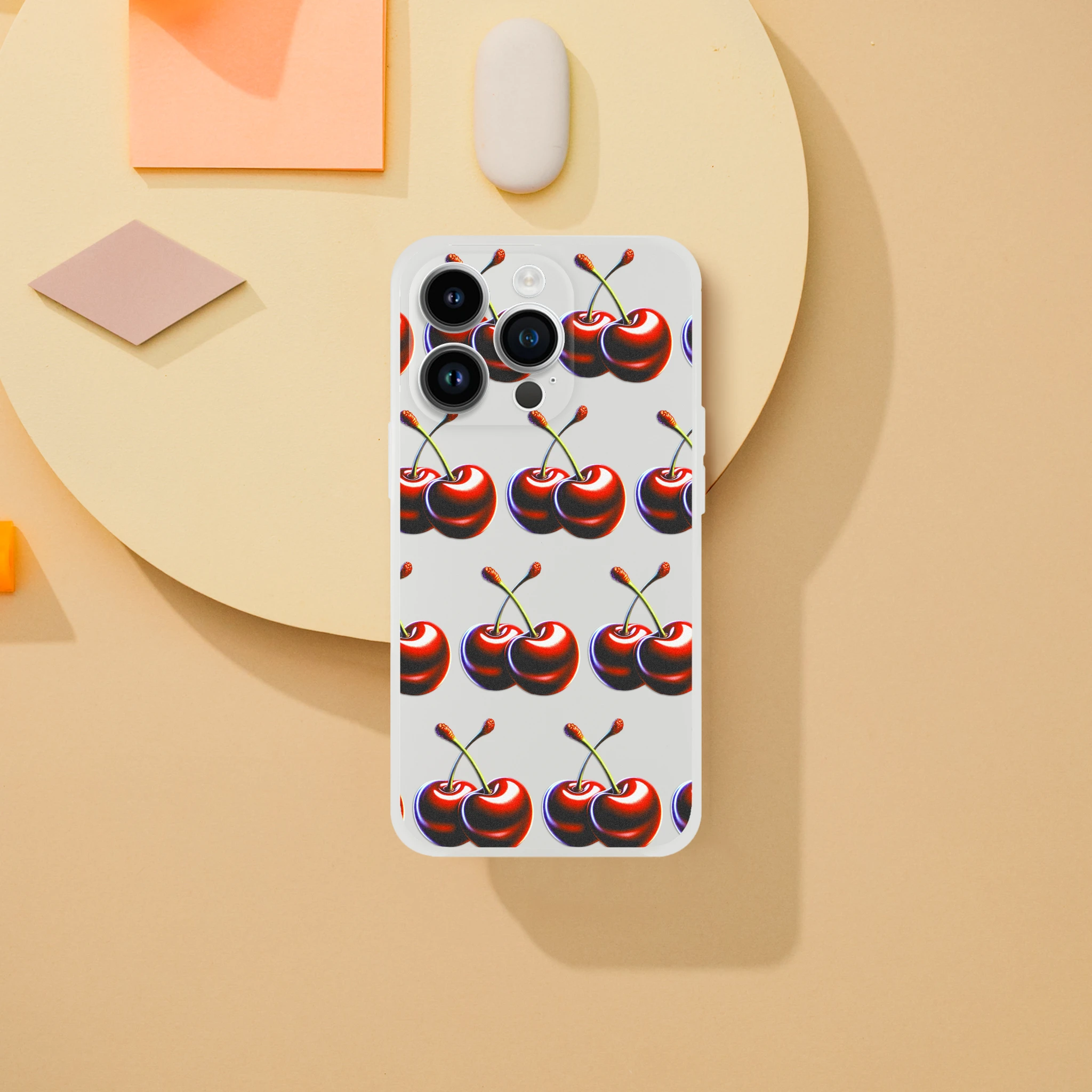 Cherries print transparent iPhone case, slim protective cover for iPhone 13-16, frosty clear finish.