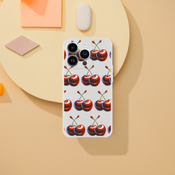 Cherries print transparent iPhone case, slim protective cover for iPhone 13-16, frosty clear finish.