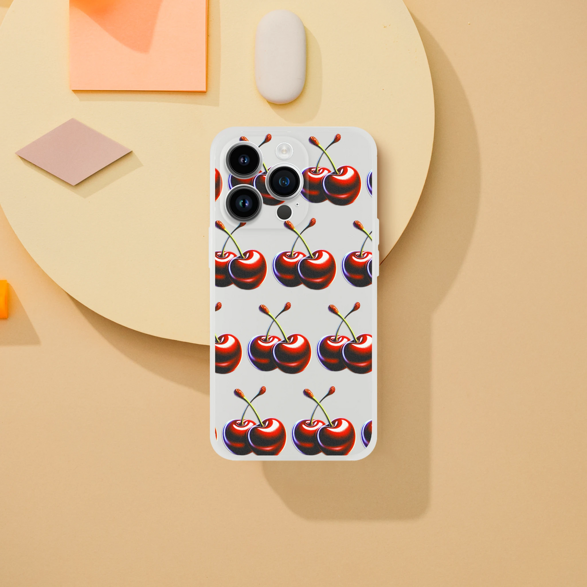 Cherries print transparent iPhone case, slim protective cover for iPhone 13-16, frosty clear finish.