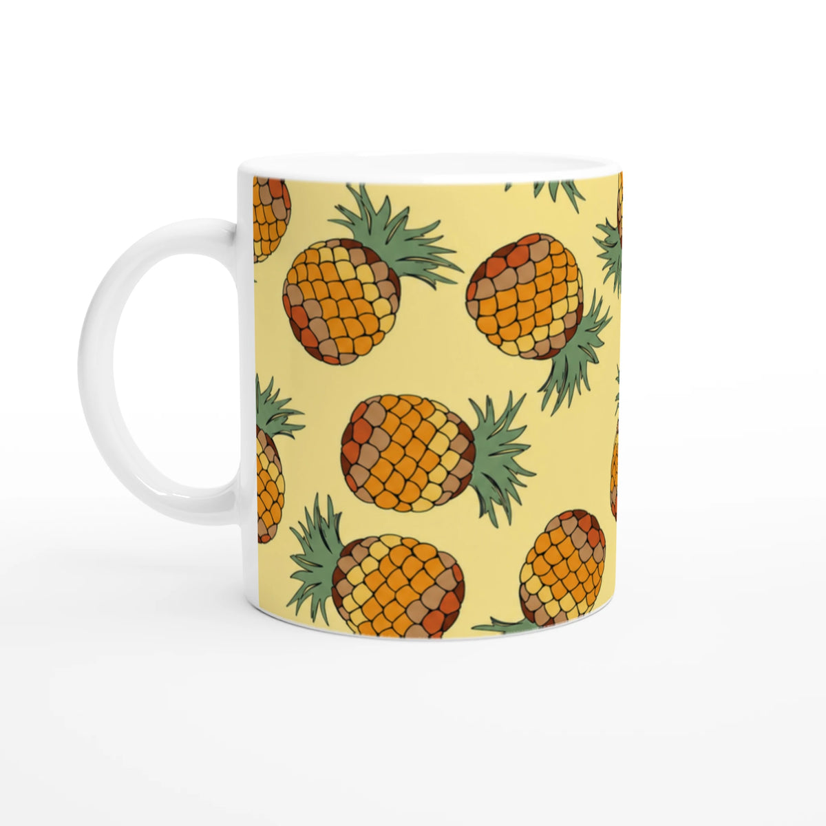Cute Pineapple Pattern Mug with yellow backdrop for tropical coffee or tea.