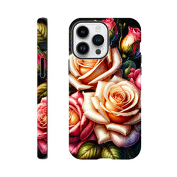 Romantic floral iPhone case featuring vintage pink and peach roses with reinforced corners for impact protection on 13-16 models.