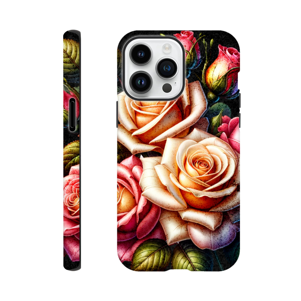 Romantic floral iPhone case featuring vintage pink and peach roses with reinforced corners for impact protection on 13-16 models.