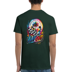 Dark green men's graphic tee featuring retro "Flat Out" design with checkered flag, palm trees, and sunset sunset for modified car culture.