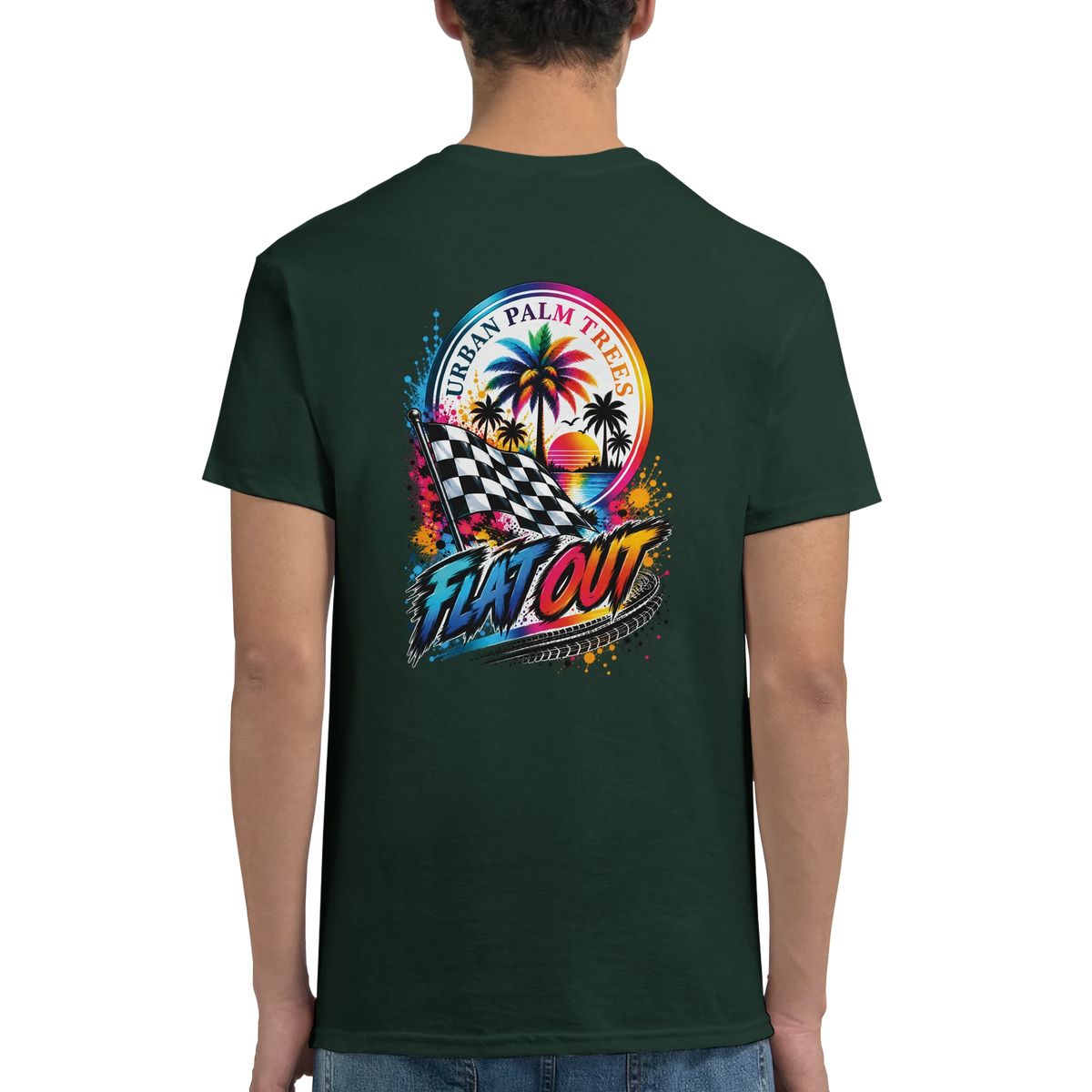 Dark green men's graphic tee featuring retro "Flat Out" design with checkered flag, palm trees, and sunset sunset for modified car culture.