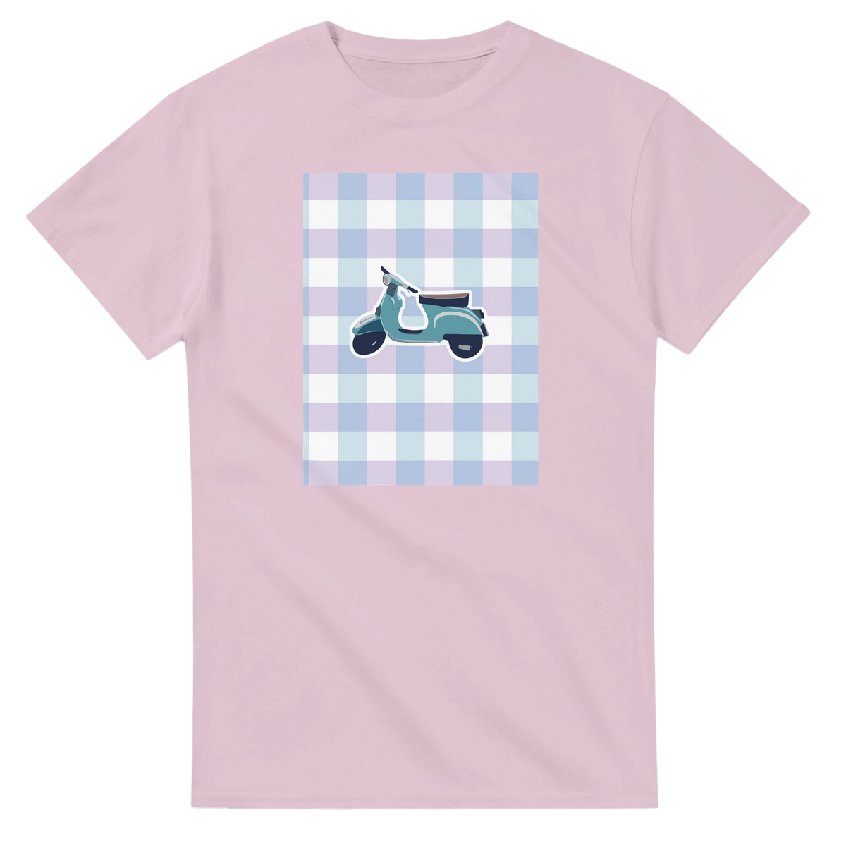 Pastel pink t-shirt featuring a retro scooter graphic on a blue and purple gingham background for a cute streetwear look.