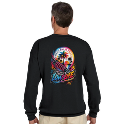 Black Low Life car sweatshirt back view featuring colorful shock absorber graphic with palm trees and Urban Palm Trees text.