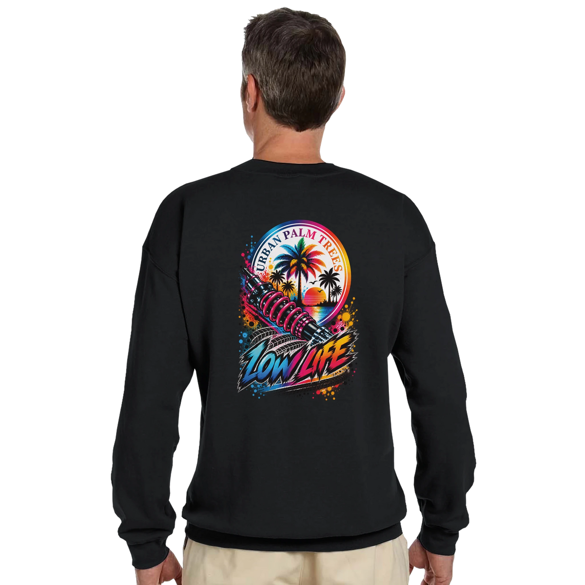 Black Low Life car sweatshirt back view featuring colorful shock absorber graphic with palm trees and Urban Palm Trees text.
