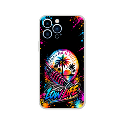 Low Life car culture iPhone case with palm tree sunset, shock absorber graphic, and colorful paint splatter art.