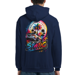 Navy men's hoodie back featuring vibrant Static petrolhead graphic with modified car, palm trees, and "Urban Palm Trees" sunset design.